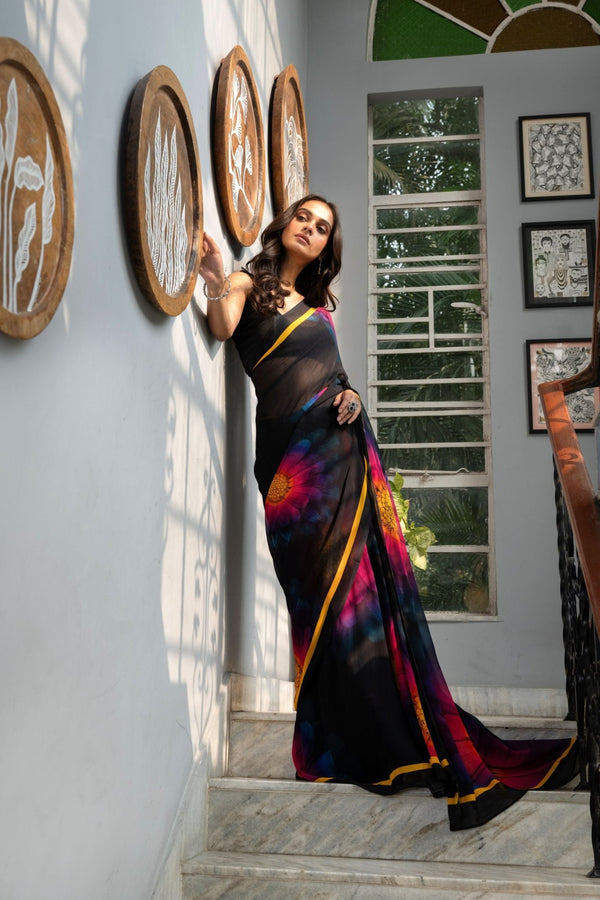 Black Georgette Saree with Multicolor Floral Prints - Anvi Couture