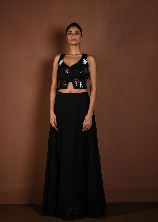 Black Lehenga Set with Matching Sleeveless Sequin Choli