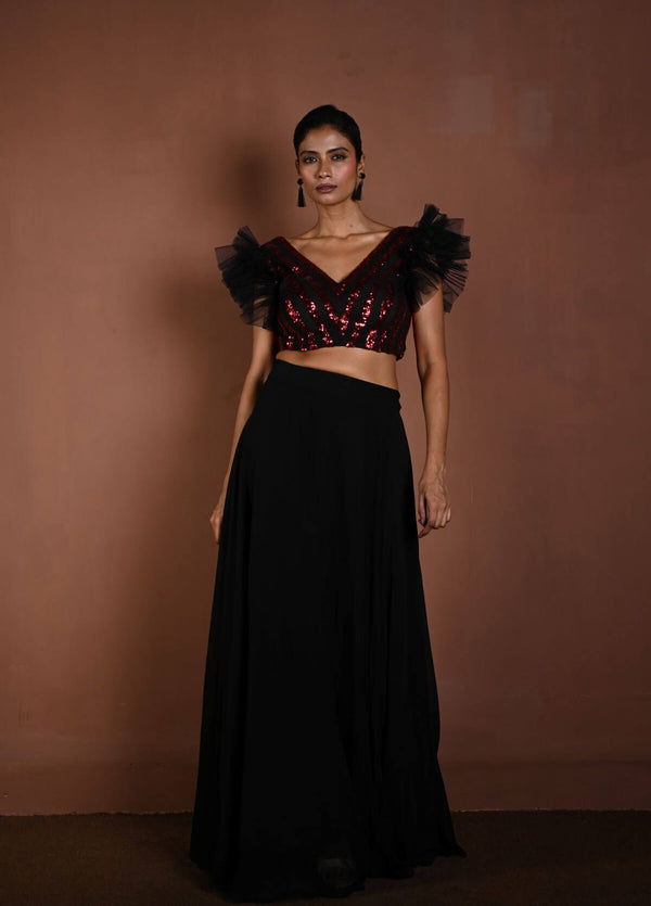 Black Lehenga Set with Red Sequin Work Ruffle Blouse