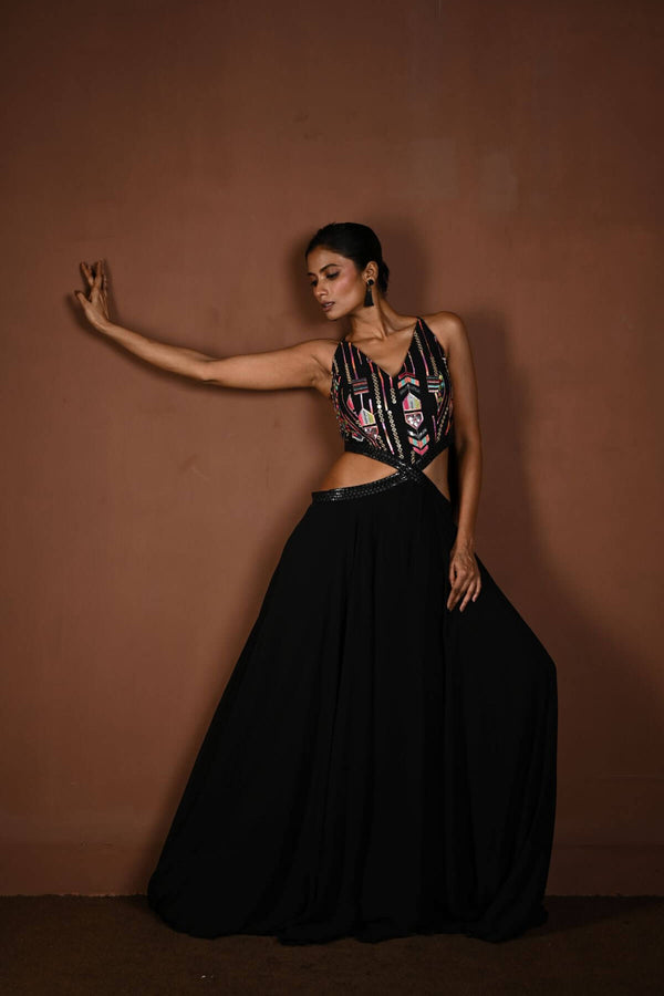 Black Long Dress with Multicolor Embroidery and Side Cutouts - Anvi Couture - Front 3