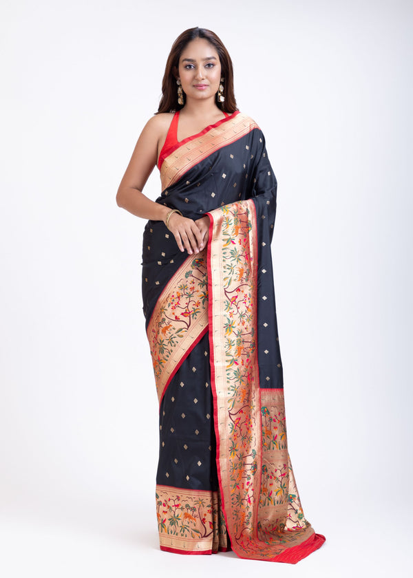 Black Paithani Saree with Red Floral Motif Pallu Full