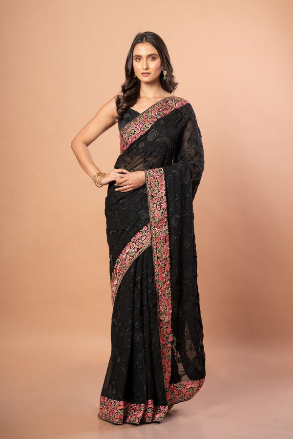 Black Parsigara Saree With Multicolor Embroidered Border - Anvi Couture