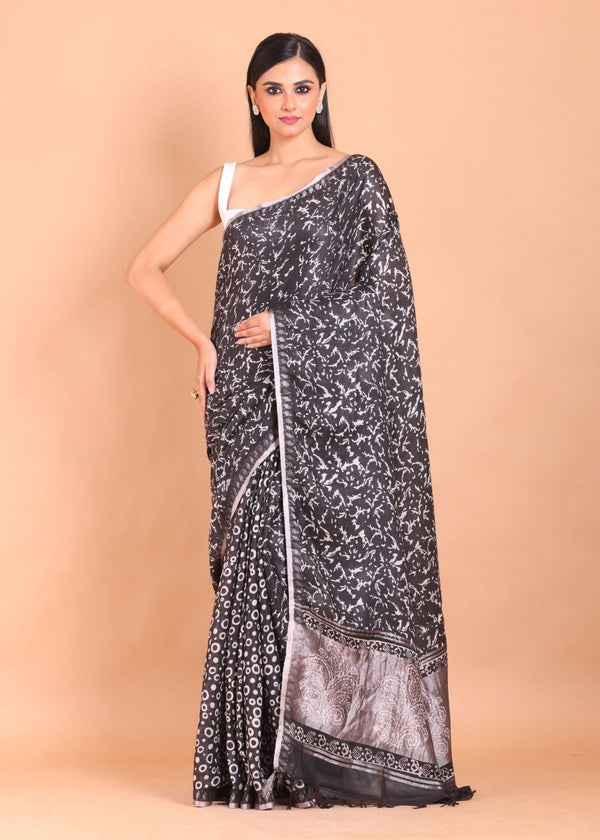 Black Printed Handloom Printed Cotton Saree - Anvi Couture