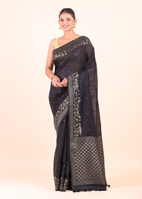 Black Silk Saree With Golden Zari Floral Woven Border - Anvi Couture