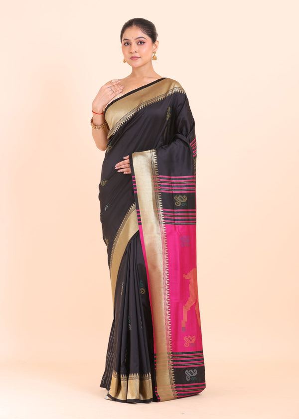 Black and Pink Paithani Silk Saree With Golden Border and Peacock Pallu full