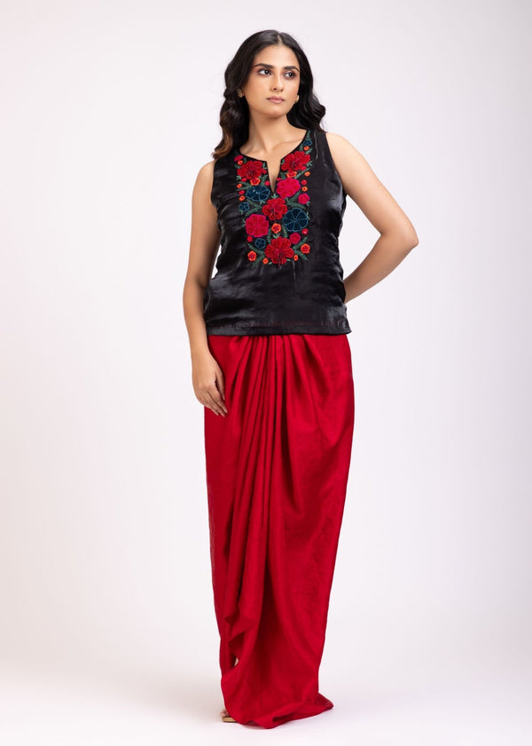 Black and Red Floral Embroidered Crop Top Drape Skirt Set - Anvi Couture