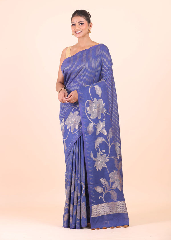 Blue Chanderi Silk Saree with Silver Floral Zari Woven Work - Anvi Couture