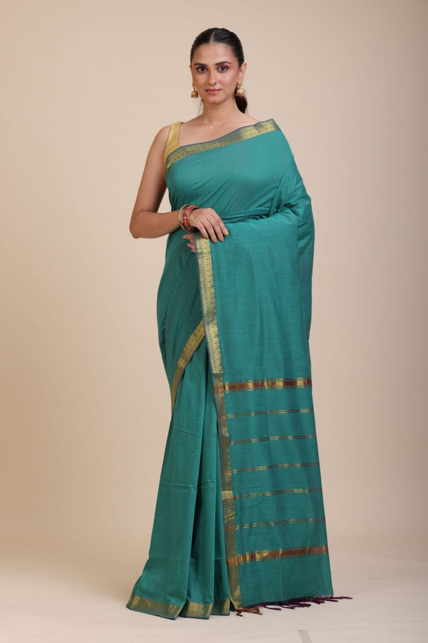 Blue Cotton Handloom Saree with Golden Border - Anvi Couture