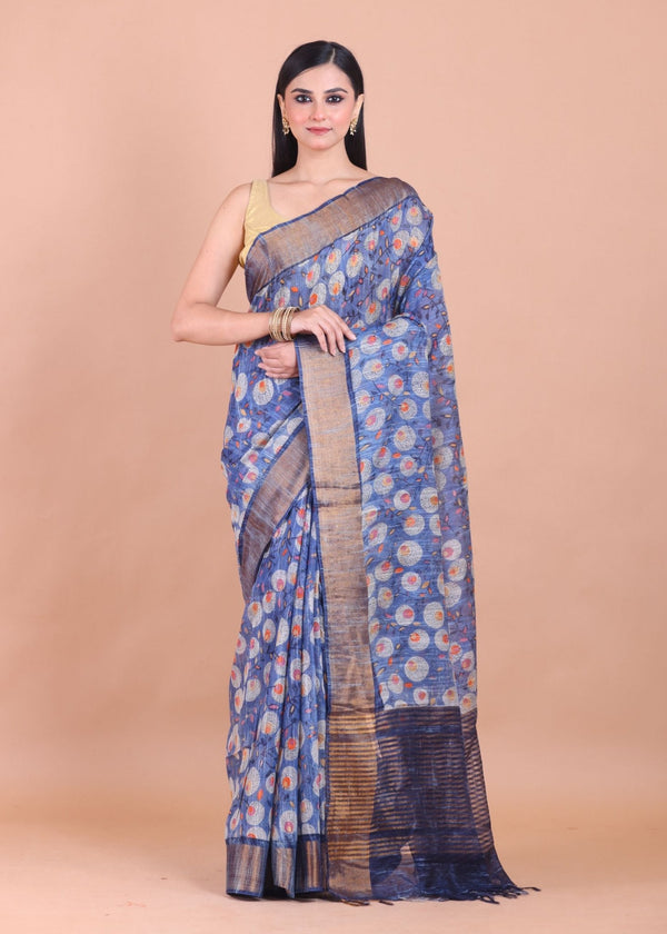 Blue Floral Printed Chanderi Silk Saree - Anvi Couture