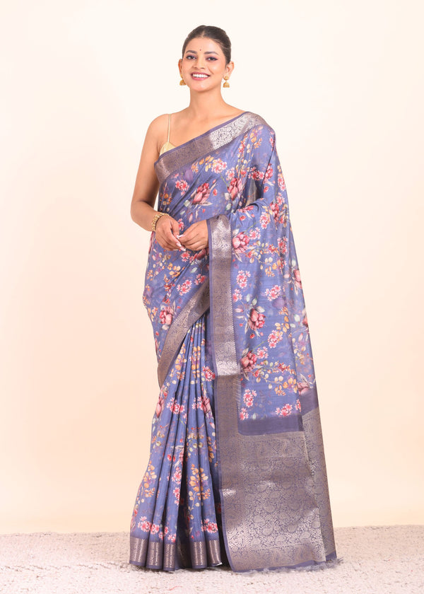 Blue Floral Printed Silk Saree with Golden Border - Anvi Couture