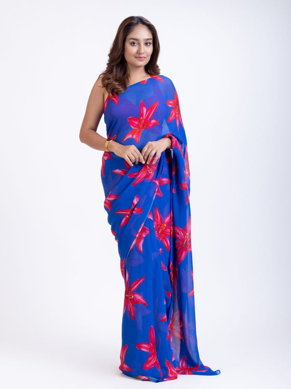 Blue Georgette Saree With Red Floral Print Saree - Anvi Couture
