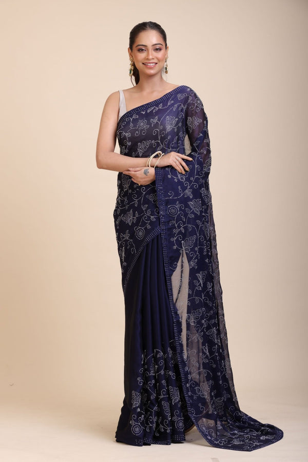 Blue Georgette Sequin Saree - Anvi Couture