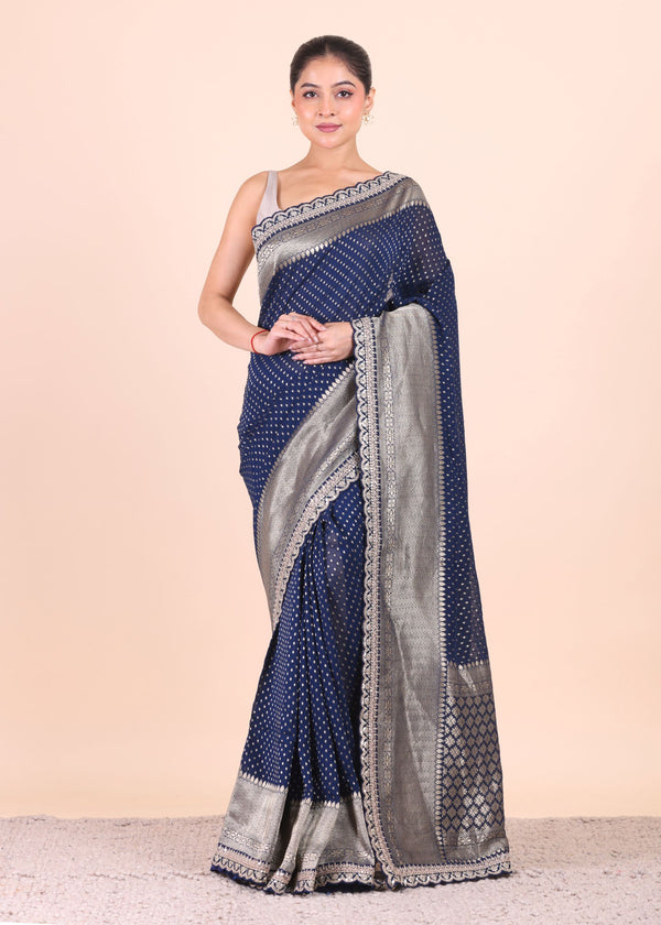 Blue Khaddi Georgette Banarasi Saree With Silver Border - Anvi Couture
