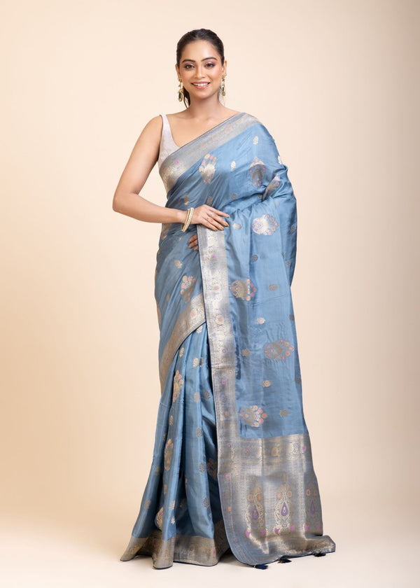 Blue Mushru Silk Banarasi Saree - Anvi Couture