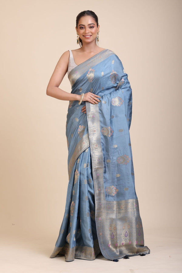 Blue Mushru Silk Banarasi Saree - Anvi Couture