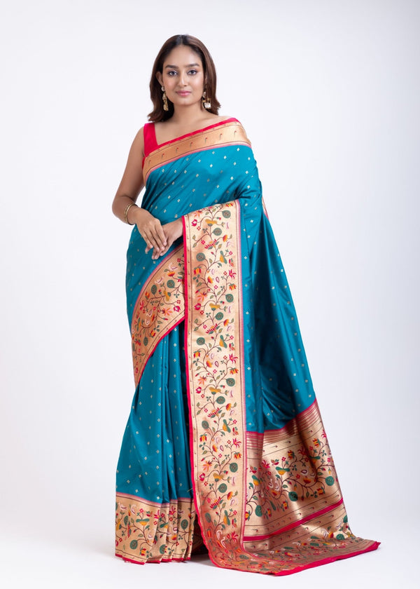 Blue Paithani Saree With Pink Border - Anvi Couture