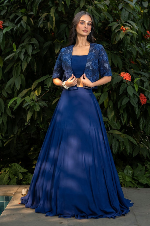 Blue Party Wear Lehenga with Embroidered Jacket - Anvi Couture