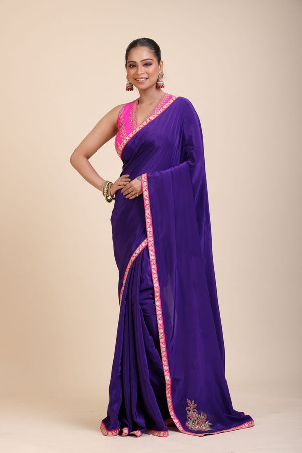 Blue Pink Hand Embroidered Designer Saree - Anvi Couture