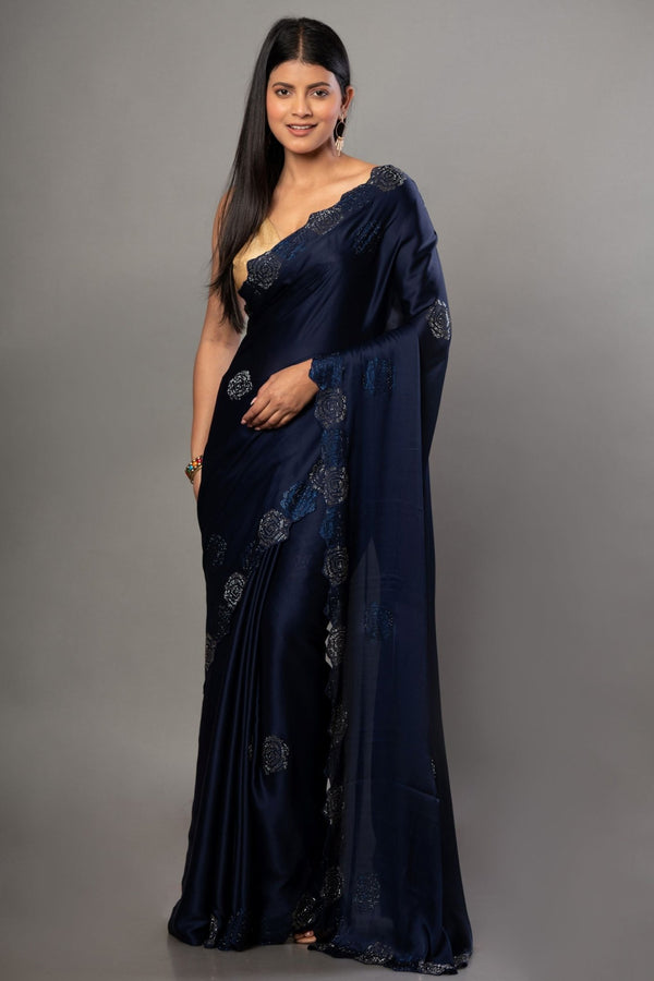 Blue Satin Silk Saree with Sequins Border - Anvi Couture