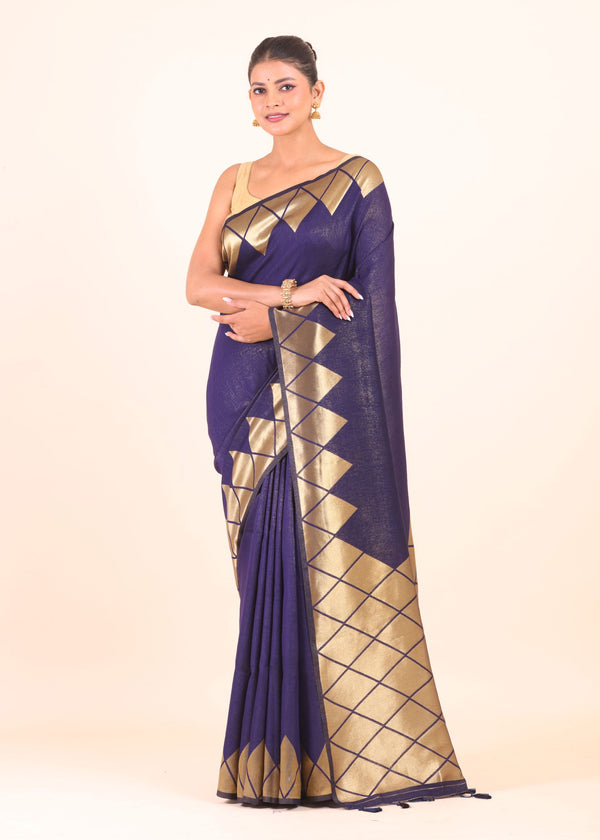 Blue Silk Saree With Golden Woven Border - Anvi Couture