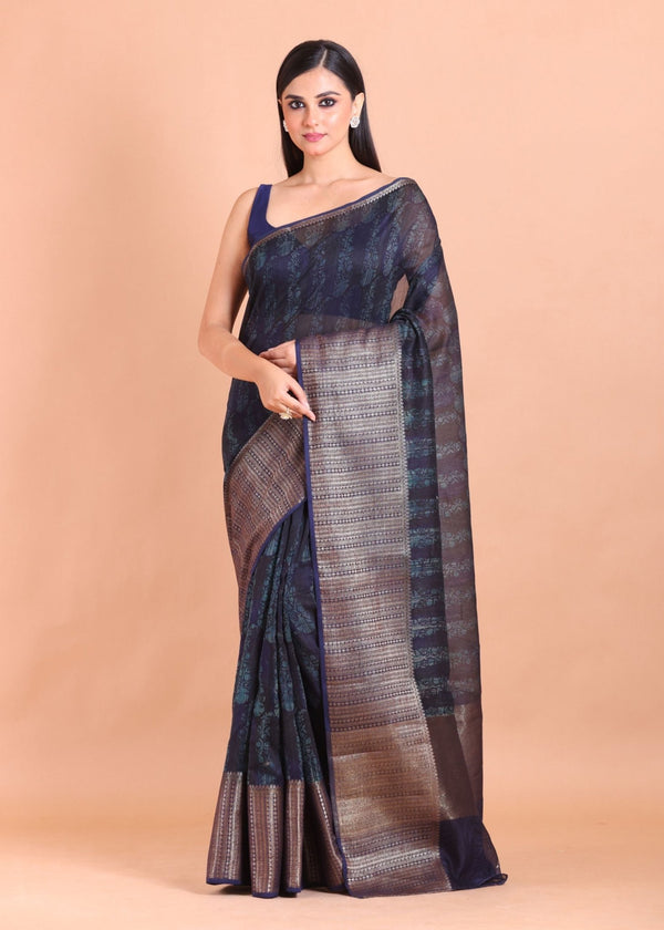 Blue Soft Silk Saree with Mat Gold Border - Anvi Couture