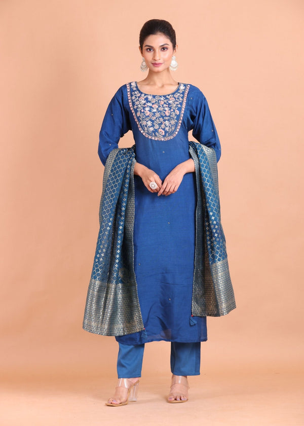 Blue Thread Embroidered Long Kurti Set - Anvi Couture