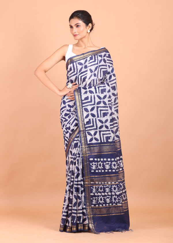 Blue and White Batik Handloom Printed Cotton Silk Saree : Full view