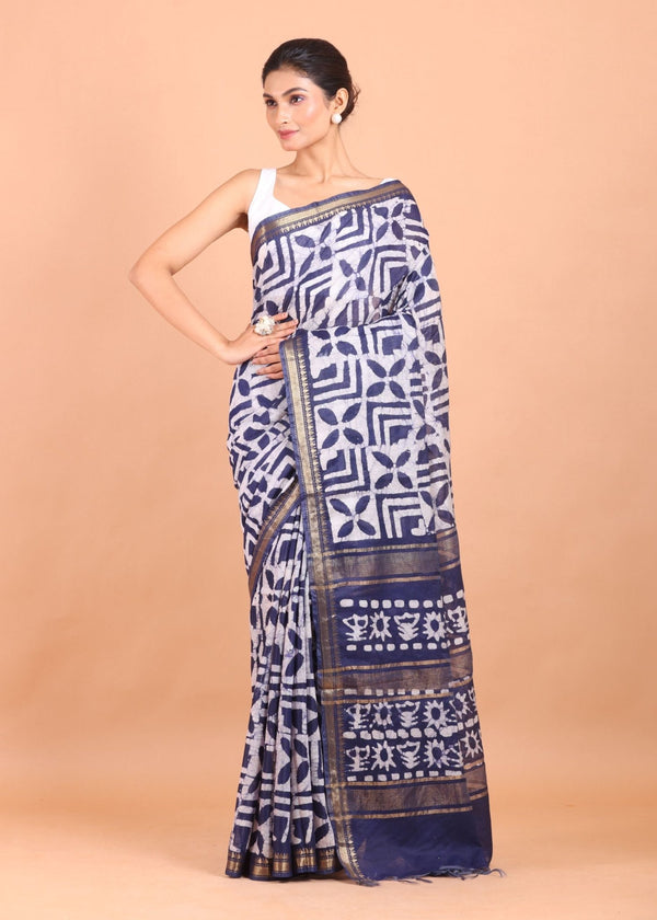 Blue and White Batik Handloom Printed Cotton Silk Saree - Anvi Couture