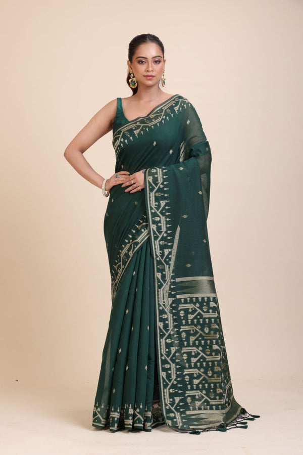 Bottle Green Cotton Jamdani Saree - Anvi Couture