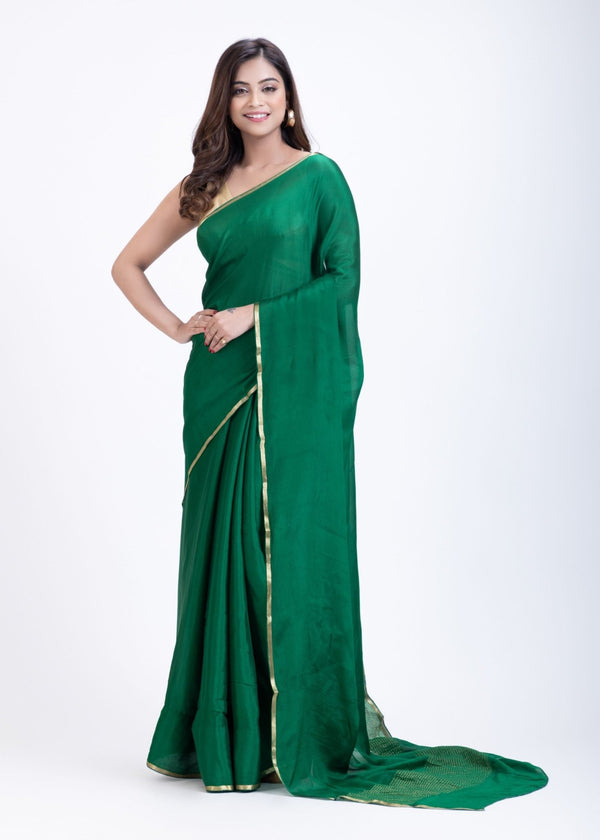 Bottle Green Pure Chiffon Saree with Golden Border - Anvi Couture