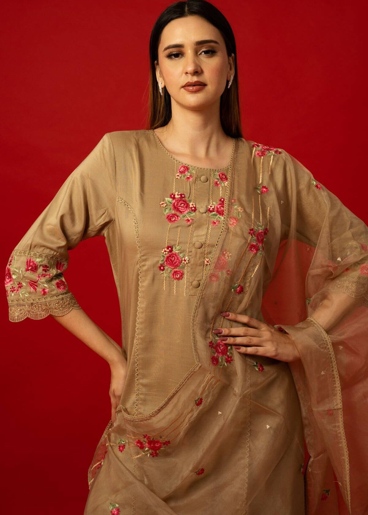 Elegant Brown Straight Kurta Set with Matching Palazzo Pants