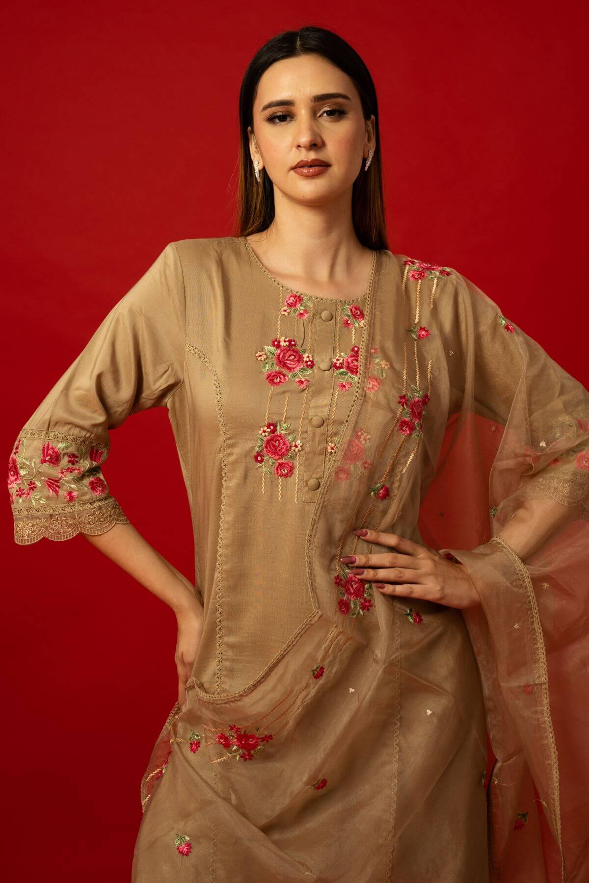 Elegant Brown Straight Kurta Set with Matching Palazzo Pants