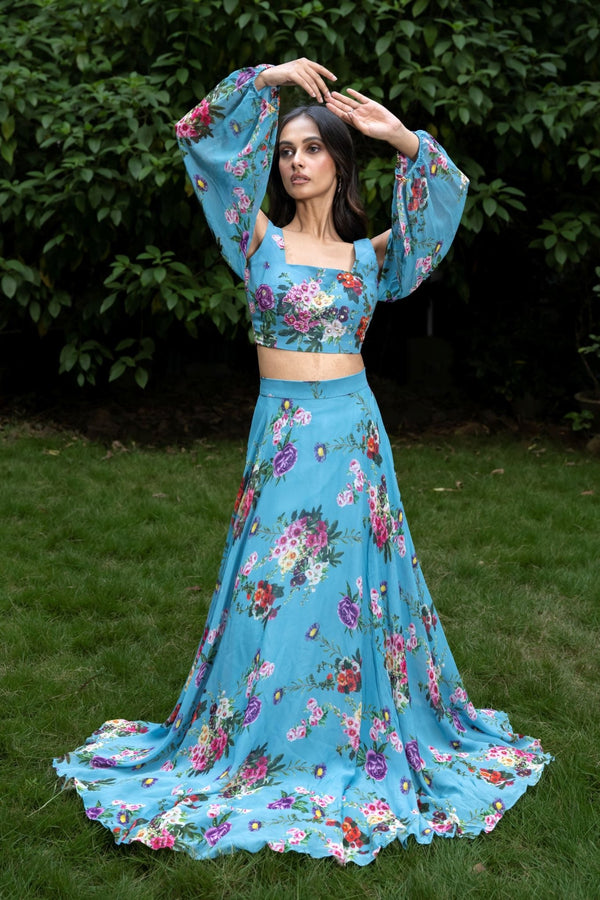 Blue Floral Printed Georgette Lehenga Set - Anvi Couture