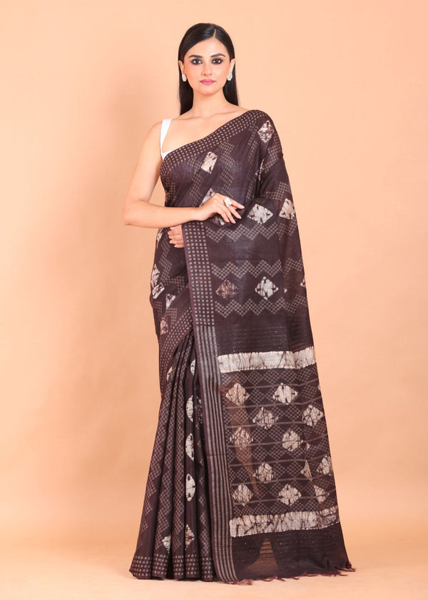 Chocolate Brown Cotton Silk Batik Printed Handloom Saree - Anvi Couture