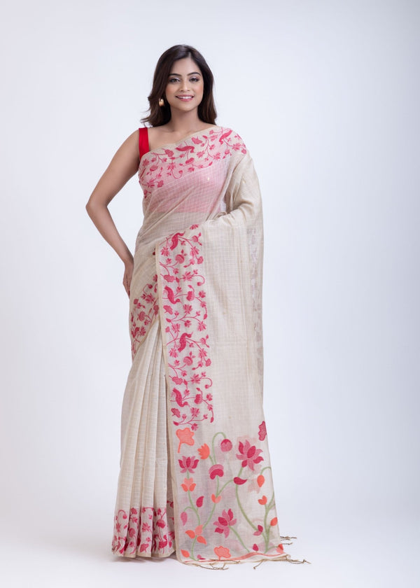 Classic White Jamdani Saree with Intricate Floral Weave - Anvi Couture