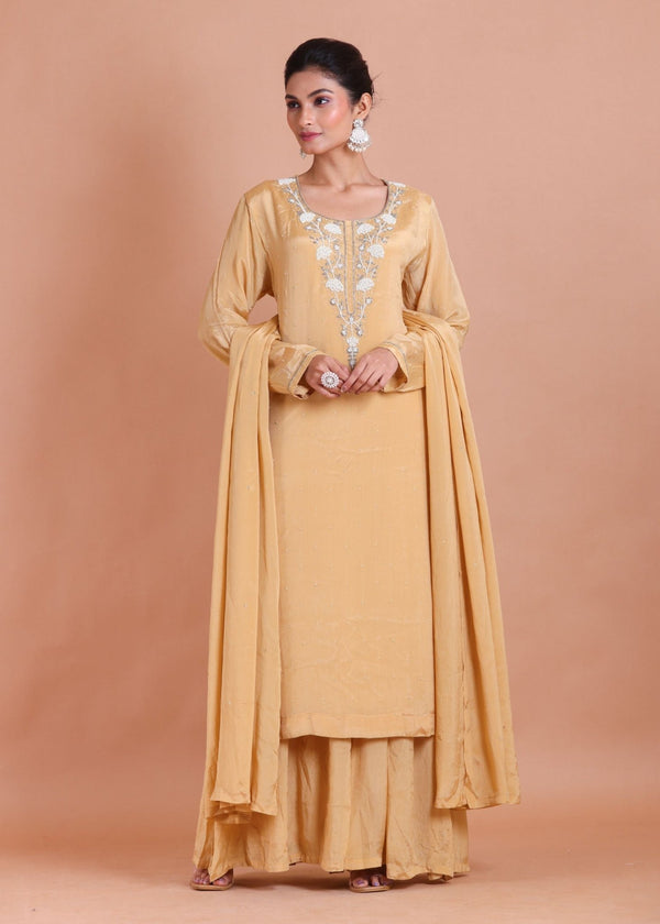 Cream Beaded Long Sharara Kurti Set - Anvi Couture