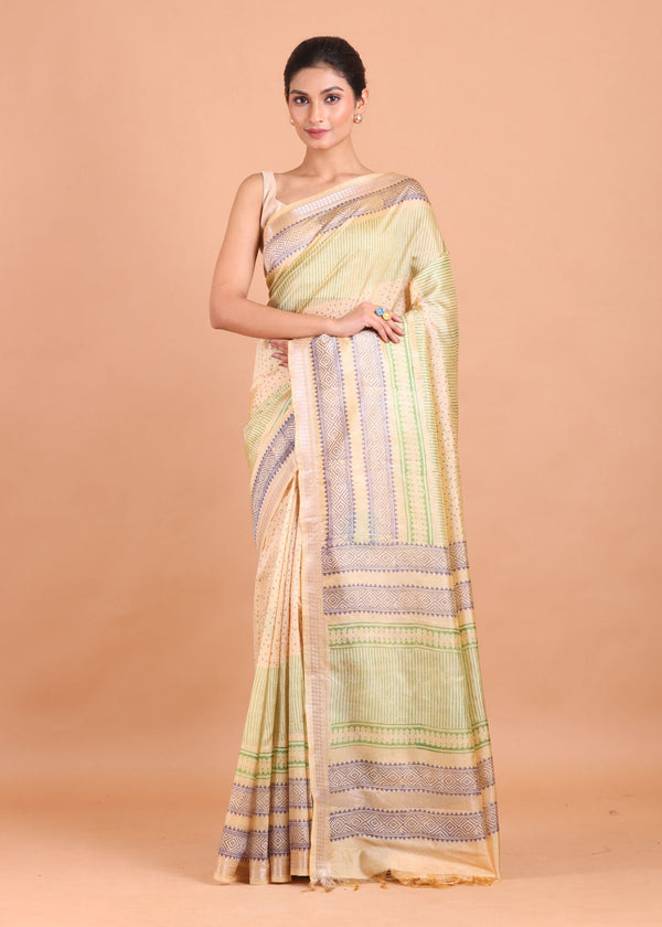 Cream and Green Handblock Printed Silk Saree full