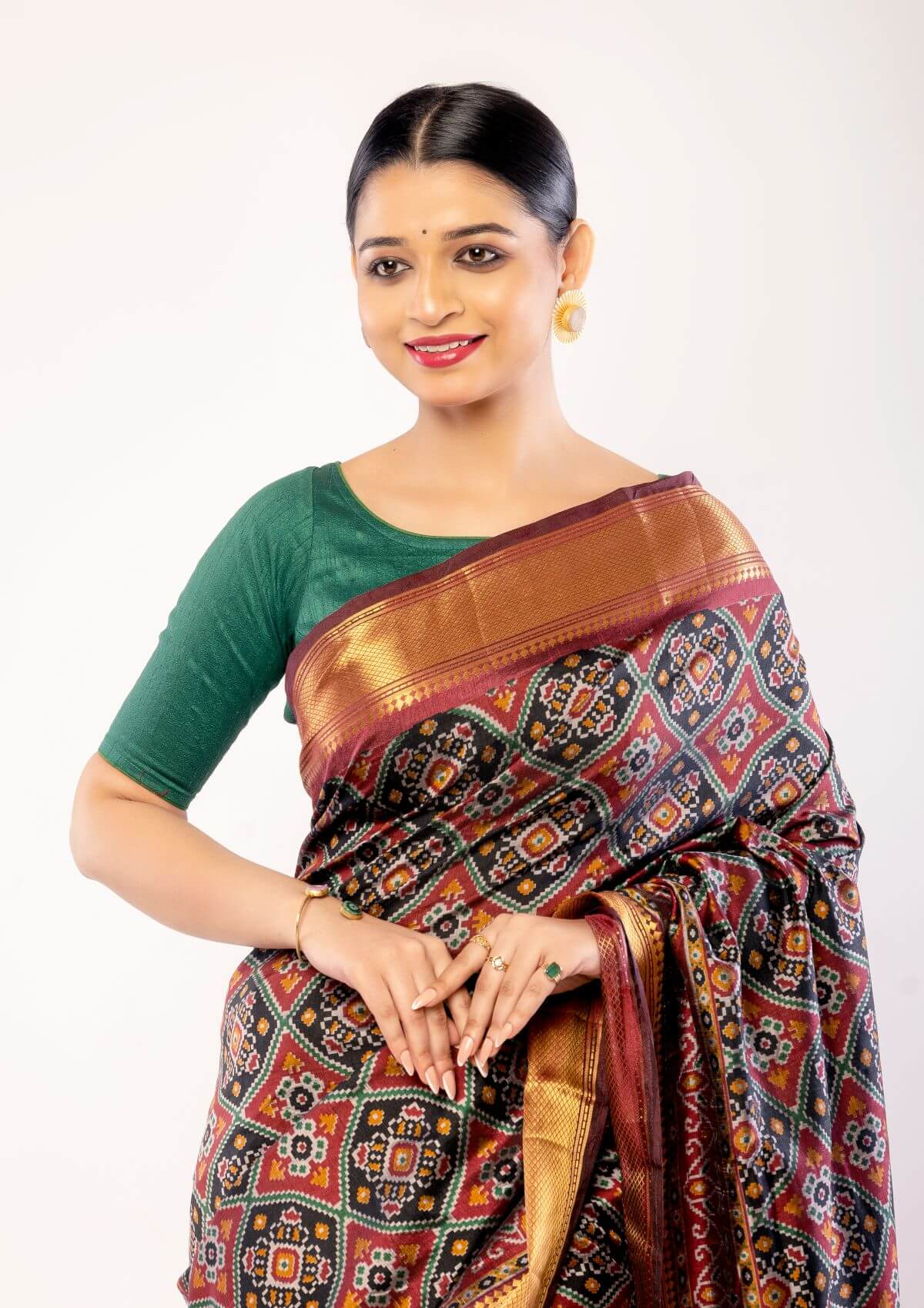 Maroon Patola Silk Saree with Contrasting Gold Zari Border - Anvi Couture