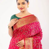 Pink Silk Saree with Gold Zari Border and Floral Motifs - Anvi Couture