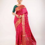Pink Silk Saree with Gold Zari Border and Floral Motifs - Anvi Couture