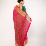 Pink Silk Saree with Gold Zari Border and Floral Motifs - Anvi Couture