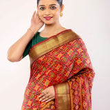 Red Patola Saree with Golden Zari Border - Anvi Couture