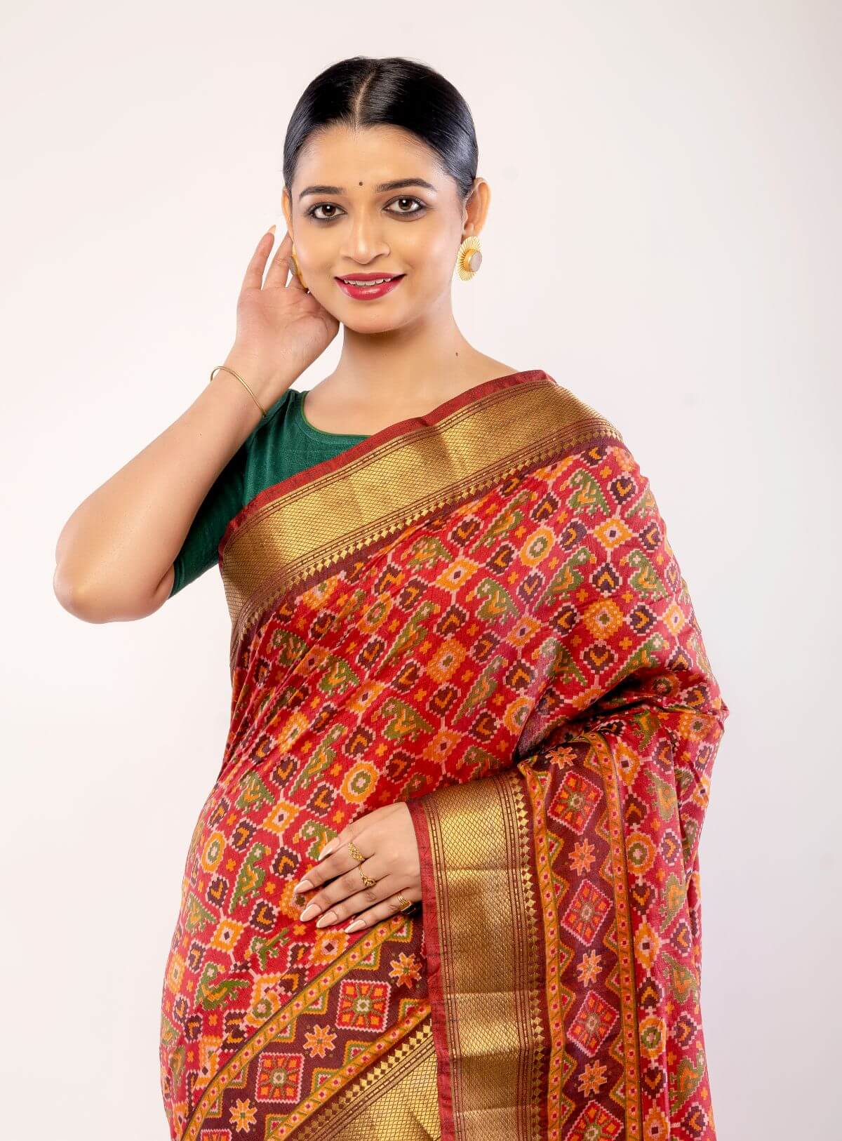Red Patola Saree with Golden Zari Border - Anvi Couture