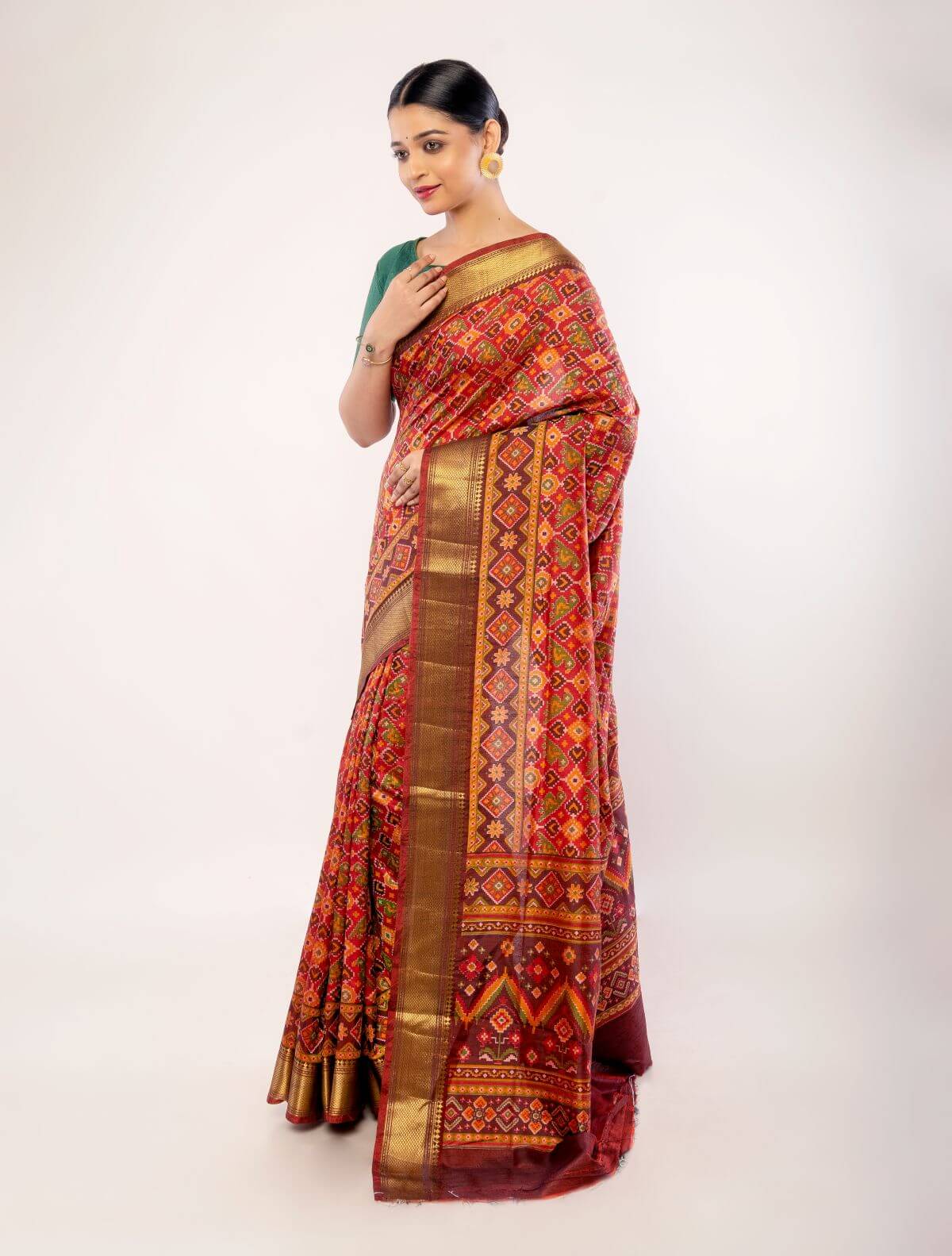 Red Patola Saree with Golden Zari Border - Anvi Couture