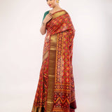 Red Patola Saree with Golden Zari Border - Anvi Couture