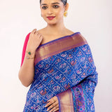 Blue Patola Silk Saree with Contrasting Zari Border - Anvi Couture