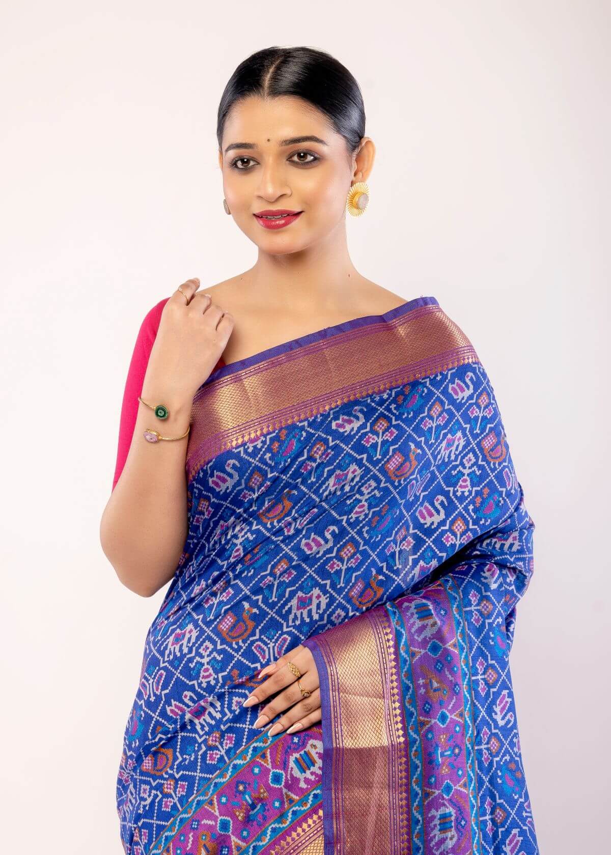 Blue Patola Silk Saree with Contrasting Zari Border - Anvi Couture