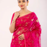 Pink and Gold Silk Jamdani Saree with Floral Motifs - Anvi Couture