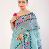 Light Blue Cotton Jamdani Saree with Multicolor Motifs - Anvi Couture