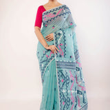 Light Blue Cotton Jamdani Saree with Multicolor Motifs - Anvi Couture